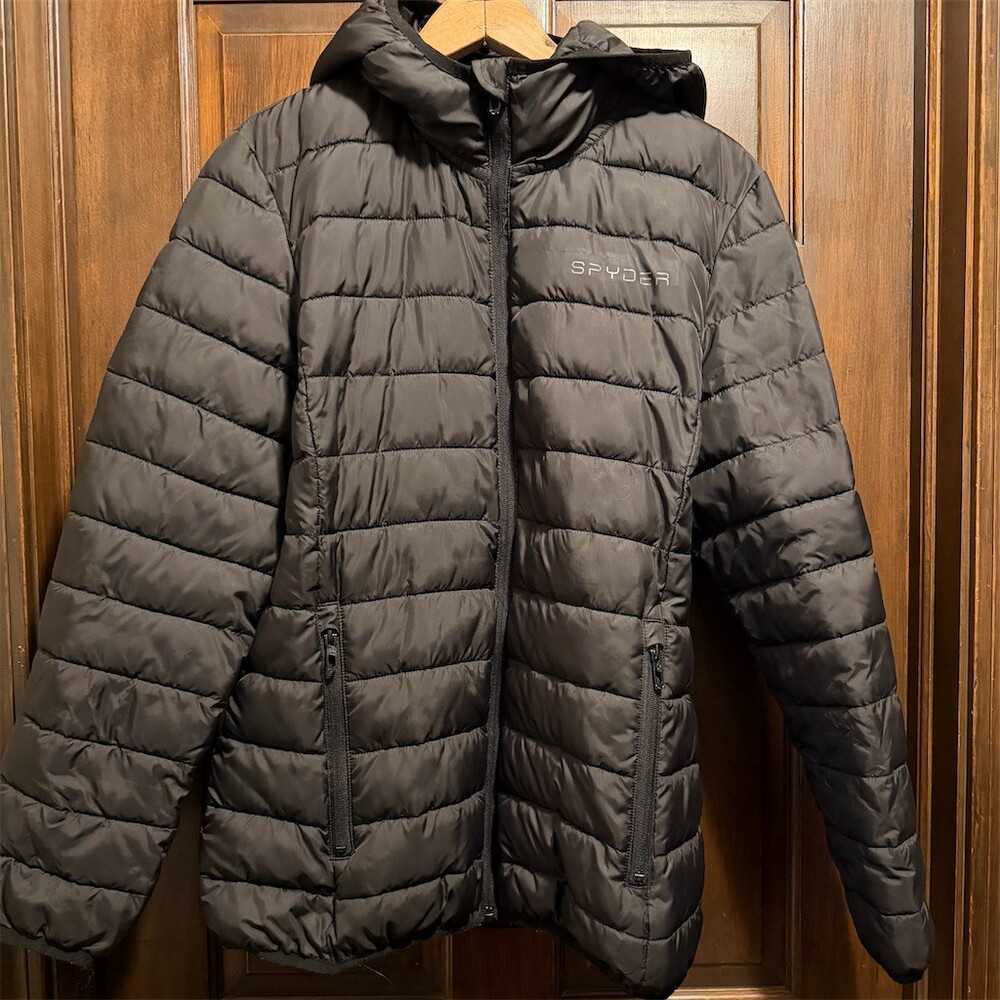Spyder Women's Puffer Jacket Size L Black Hooded Full Zip Insulated